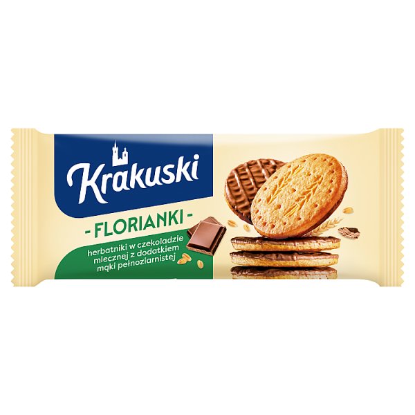 Krakuski Florianki Herbatniki w czekoladzie mlecznej z dodatkiem mąki pełnoziarnistej 171 g