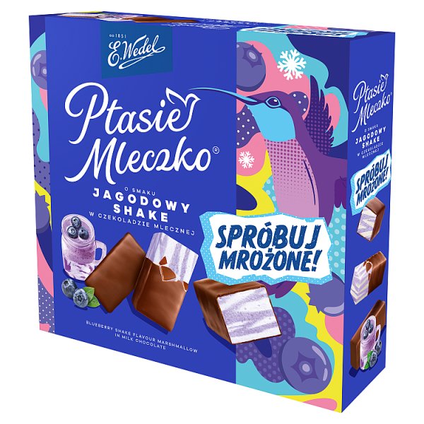 E. Wedel Ptasie mleczko o smaku jagodowy shake w czekoladzie mlecznej 340 g