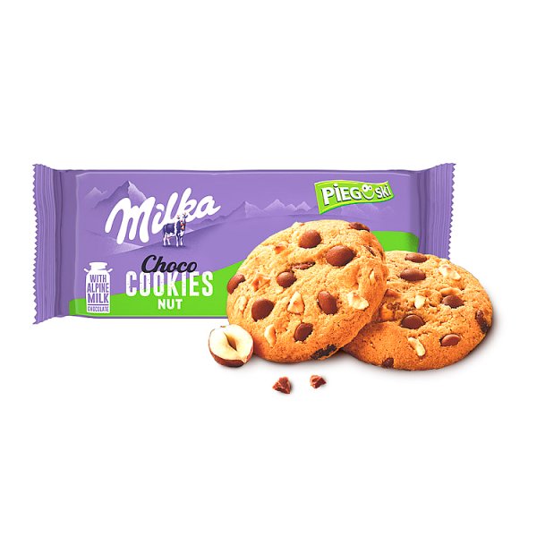 Milka Pieguski Choco Cookies Nut Ciasteczka z kawałkami czekolady mlecznej i orzechami 135 g