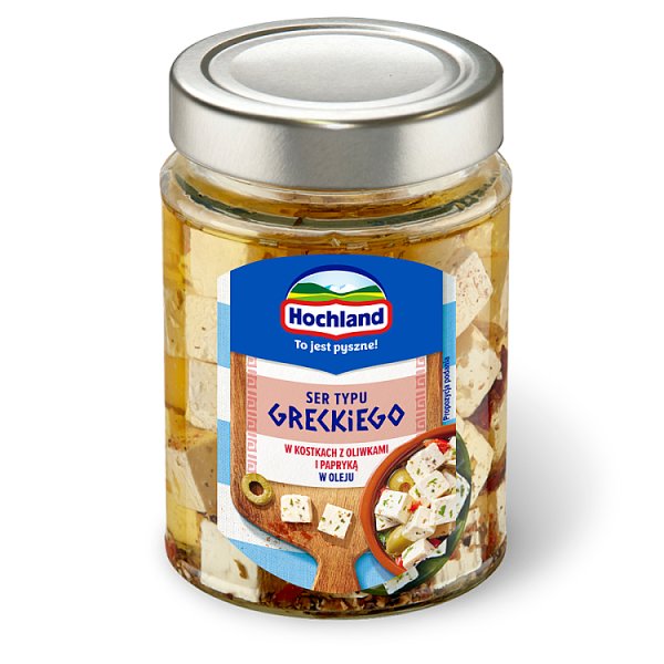 Hochland Ser typu greckiego w kostkach z oliwkami i papryką w oleju 300 g