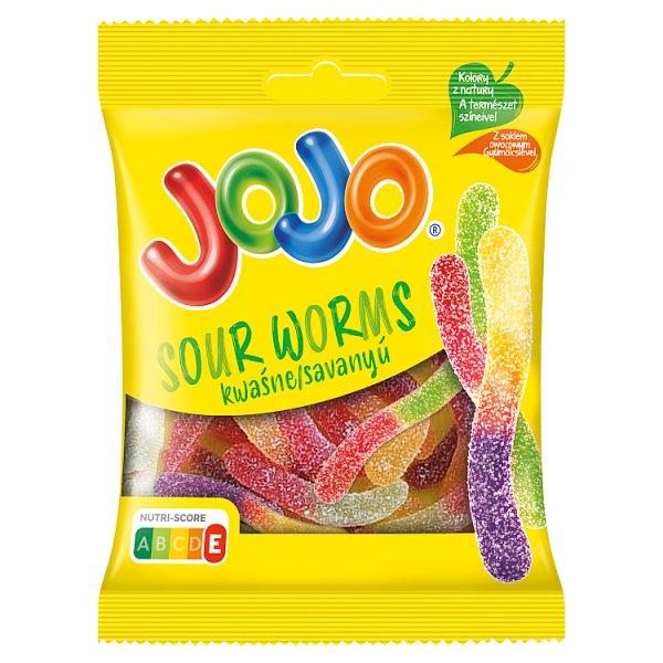 Jojo Sour Worms Mieszanka kwaśnych żelków o smaku owocowym 80 g