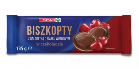 Biszkopty Spar z galaretką smak wiśniowy w czekoladzie